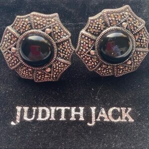 Judith Jack Sterling Silver Black Diamond Marcasite Onyx Button Earrings